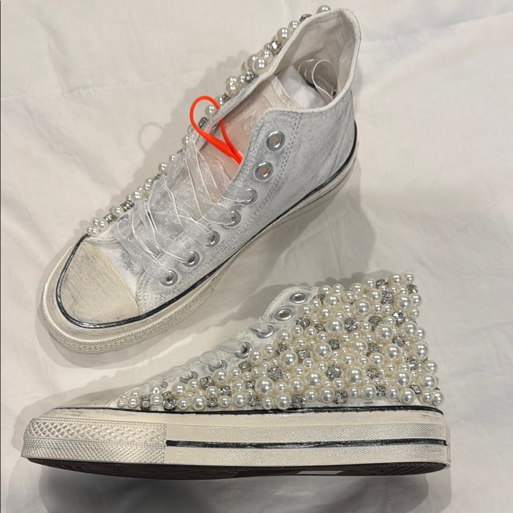 Pearl Embellished White High-Top Sneakers